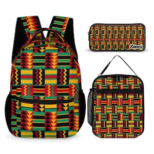 Lot de 3 cartables avec sac à lunch et trousse personnalisée. Conception kente.