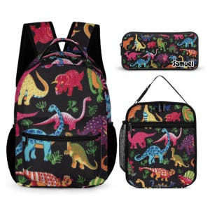 Lot de 3 cartables avec sac à lunch et trousse personnalisée. Conception de dinosaure.