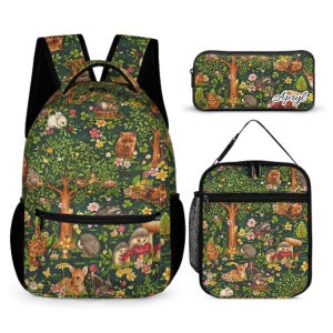 Lot de 3 cartables avec sac à lunch et trousse personnalisée. Conception boisée.