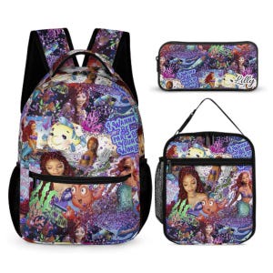 Lot de 3 cartables avec sac à lunch et trousse personnalisée. Conception de sirène.