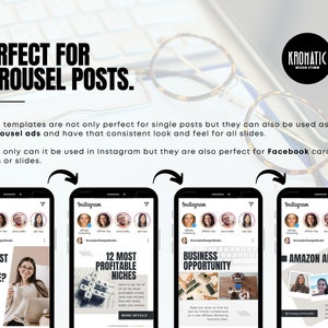 May include: Four Instagram post templates for carousel ads. The templates feature different topics, including side hustles, profitable niches, business opportunities, and Amazon affiliate marketing. Each template includes a photo of a person and text.