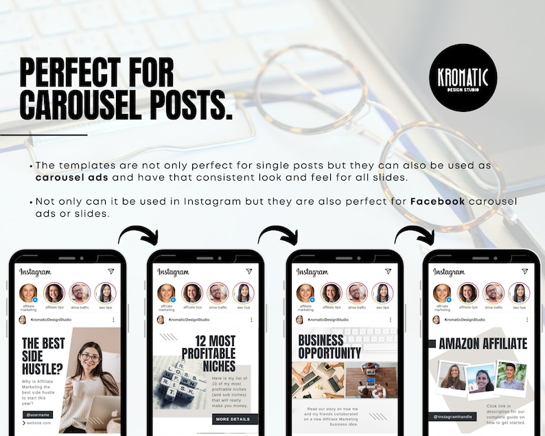 May include: Four Instagram post templates for carousel ads. The templates feature different topics, including side hustles, profitable niches, business opportunities, and Amazon affiliate marketing. Each template includes a photo of a person and text.