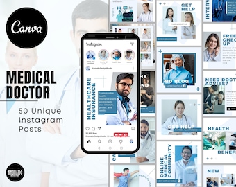 Medical Instagram Post Templates: Healthcare Theme for Canva (50 Posts)
