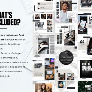 May include: A collage of Instagram post templates for affiliate marketing. The templates feature a variety of designs, including quotes, photos, and text. The text includes phrases like "Inspiring Story", "Affiliate Marketing 101", "What is Affiliate Marketing?", and "5 Passive Income Ideas".