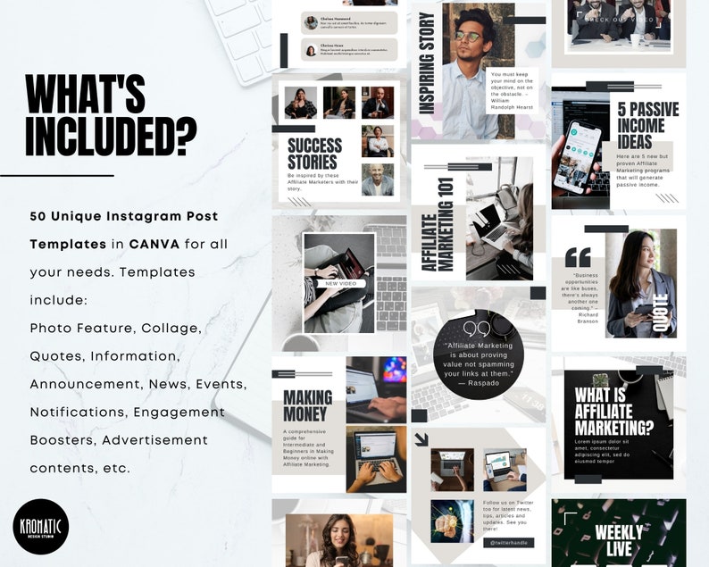 May include: A collage of Instagram post templates for affiliate marketing. The templates feature a variety of designs, including quotes, photos, and text. The text includes phrases like "Inspiring Story", "Affiliate Marketing 101", "What is Affiliate Marketing?", and "5 Passive Income Ideas".
