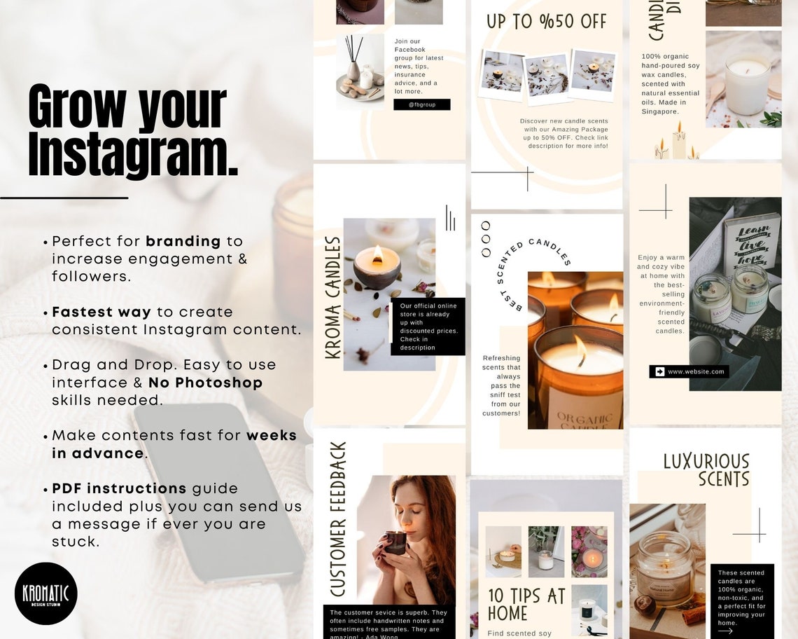 100 Candle Shop Instagram Template Canva, Post and Story IG Template