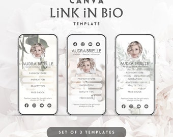 Puede incluir: Tres plantillas de smartphone con el texto "CANVA LINK IN BIO TEMPLATE". Cada teléfono muestra un perfil con el nombre "AUDRA BRIELLE" y enlaces a una tienda de moda, inspiración, consejos de belleza y un libro electrónico gratuito. También se incluye la frase "Fashion inspo for the girl who's always on the go".