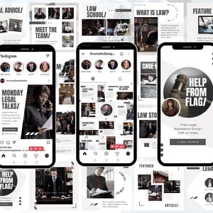Lawyer Instagram Social Media Bundle, Post Story Puzzle Highlight Cover Template for Canva, Professional IG Attorney Lawyer Law Office Firm