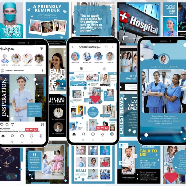 Medical Instagram Social Media Bundle, Healthcare Instagram Post Story Puzzle Highlight couvre le modèle pour Canva, Doctor Nurse Branding Kit