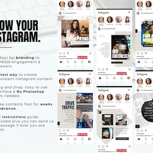 May include: A collage of Instagram posts with tips on how to grow your Instagram account. The posts include topics such as affiliate marketing, SEO, and driving traffic to your website. The text "GROW YOUR INSTAGRAM" is at the top of the image.
