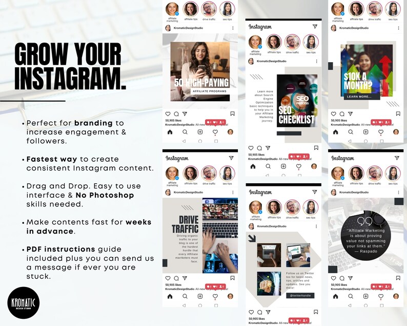 May include: A collage of Instagram posts with tips on how to grow your Instagram account. The posts include topics such as affiliate marketing, SEO, and driving traffic to your website. The text "GROW YOUR INSTAGRAM" is at the top of the image.