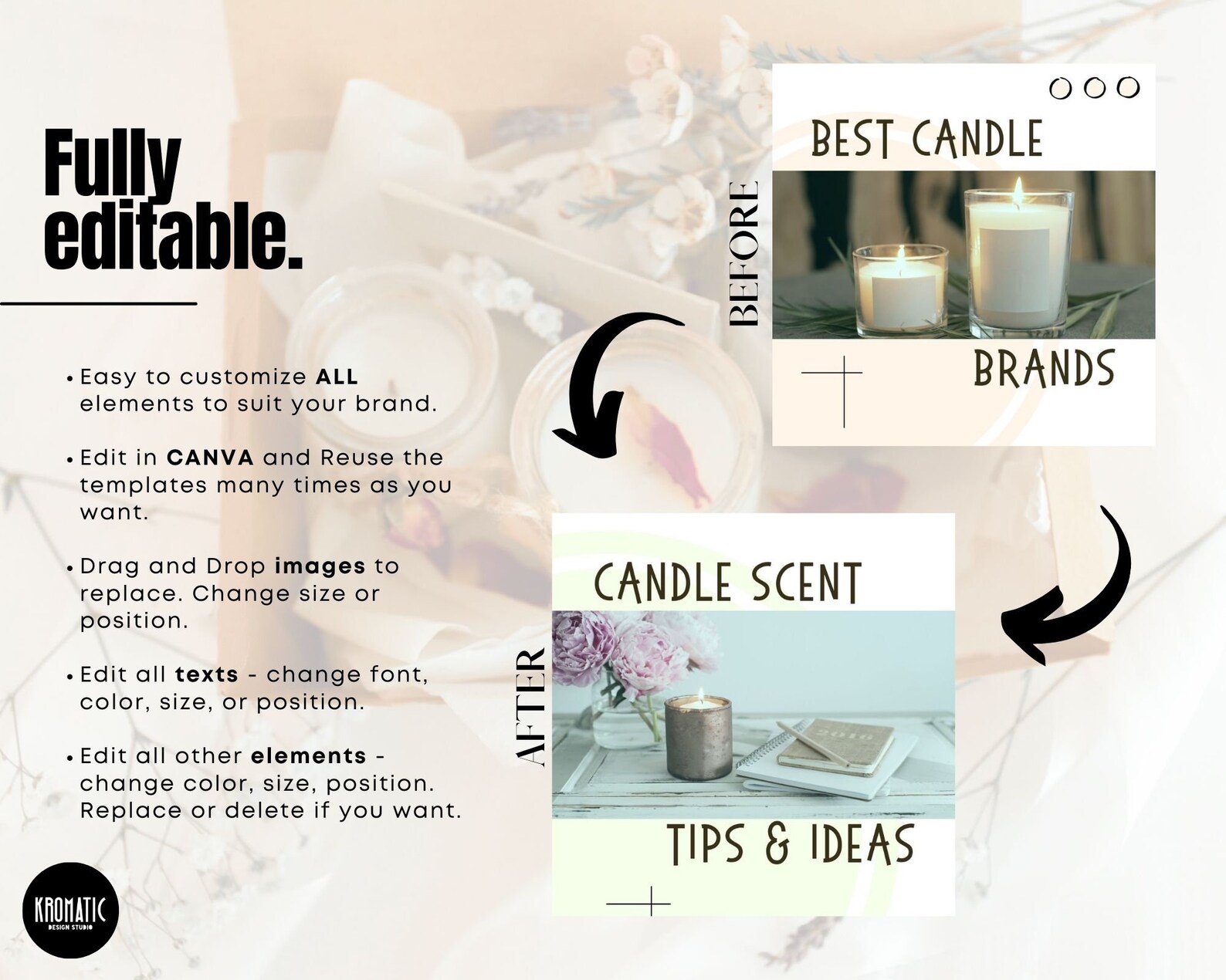 100 Candle Shop Instagram Template Canva, Post and Story IG Template
