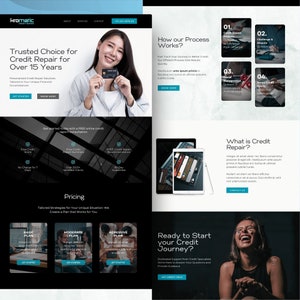 May include: A website homepage for a credit repair service. The website features a woman holding a credit card, a description of the company's services, and a call to action to get started. The website also includes a section on the company's process, a section on what credit repair is, and a section on how to start your credit journey.