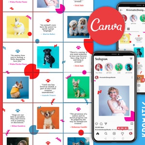 Instagram Puzzle Template Canva, Minimal Blue PInk Red Pets and Animals, Dogs Cats, Canva Theme, Instagram Post Pets, Instagram Branding