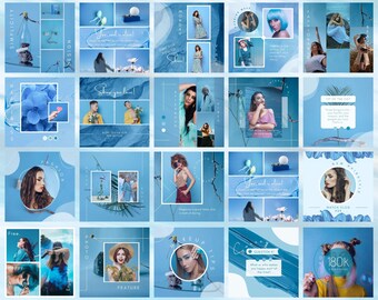 May include: A collage of 24 Instagram story templates in a blue colour scheme. The templates feature various images of women, flowers, and text. Some of the text includes "You are alive!" and "Tip of the day".