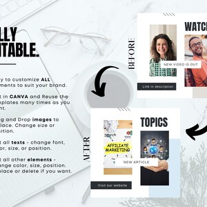 May include: A before and after graphic showing how to edit a social media post using Canva. The before image shows a white background with the text "WATCH NEW VIDEO IS OUT" and a link in the description. The after image shows a graphic with the text "AFFILIATE MARKETING NEW ARTICLE" and a call to action to visit the website.