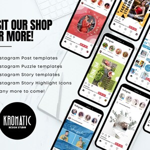 May include: A collection of Instagram post, story, and highlight templates for social media. The templates feature various designs and colors, including red, blue, green, and yellow. The text "VISIT OUR SHOP FOR MORE!" is displayed at the top of the image. The text "KROMATIC DESIGN STUDIO" is displayed at the bottom of the image.