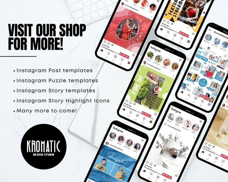 May include: A collection of Instagram post, story, and highlight templates for social media. The templates feature various designs and colors, including red, blue, green, and yellow. The text "VISIT OUR SHOP FOR MORE!" is displayed at the top of the image. The text "KROMATIC DESIGN STUDIO" is displayed at the bottom of the image.