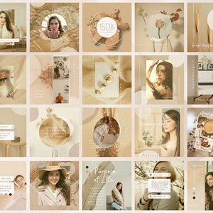 Könnte beinhalten: Eine Collage aus Bildern in Beige- und Brauntönen. Die Bilder zeigen eine Frau mit braunen Haaren, einen Strauß weißer Rosen, eine Tasse Kaffee, ein Zitat über den Sinn des Lebens und einen Textüberlagerung mit der Aufschrift "150.000 Follower".