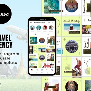 Travel Agency Instagram Puzzle Template, Travel and Tours Social Media Template, Professional Travel Agent Canva Theme, Instagram Branding