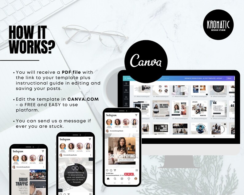 May include: A computer screen displaying a Canva design template with the text "Instagram" and "50 High-Paying Affiliate Programs". The screen is surrounded by three mobile phones, each displaying a different Instagram post. The text "HOW IT WORKS?" is at the top of the image, and the text "Canva" is in a black circle in the upper right corner of the image.