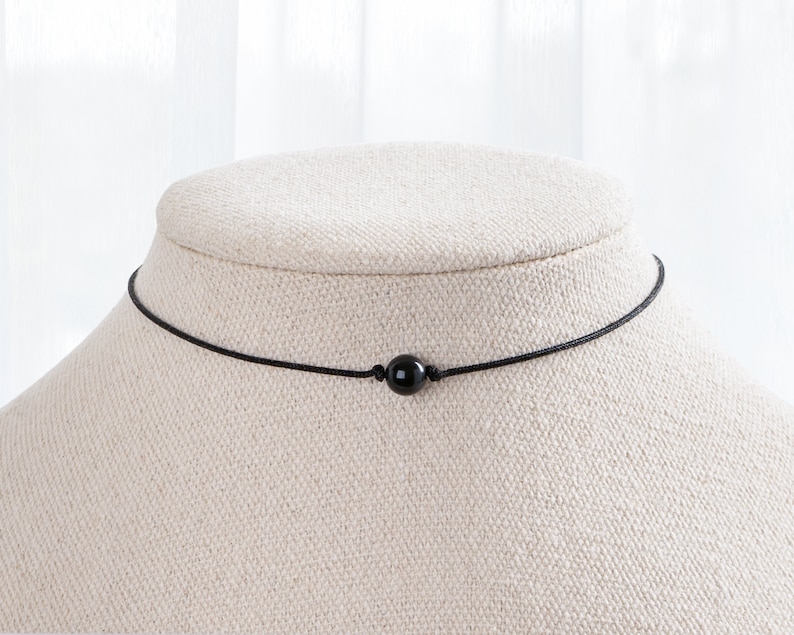 Obsidian Natural Stone Necklace, Black Cord Choker, Everyday Minimalist Style, Single Bead Choker, Third Eye, Balance, Energy image 3