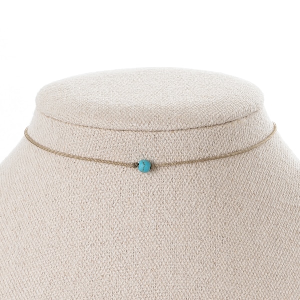 Tiny Turquoise Choker Necklace, Beige Cord Choker, Single Stone Choker, Turquoise Howlite Jewelry, Layering Necklace, Minimalist Style