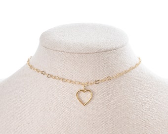 Heart Choker Necklace, Gold Heart Link Chain Necklace, Choose Length, Gold Open Heart Charm Choker