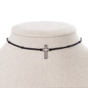 Small Cross Choker Necklace, Hollow Cross on Black Cord, Christian Jewelry, Faith and Fashion Combine, Knotted Choker, Unisex Necklace image 1