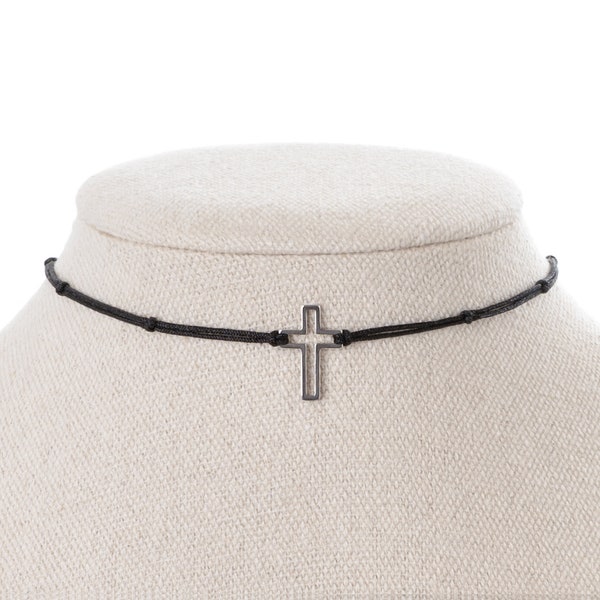 Small Cross Choker Necklace, Hollow Cross on Black Cord, Christian Jewelry, Faith and Fashion Combine, Knotted Choker, Unisex Necklace