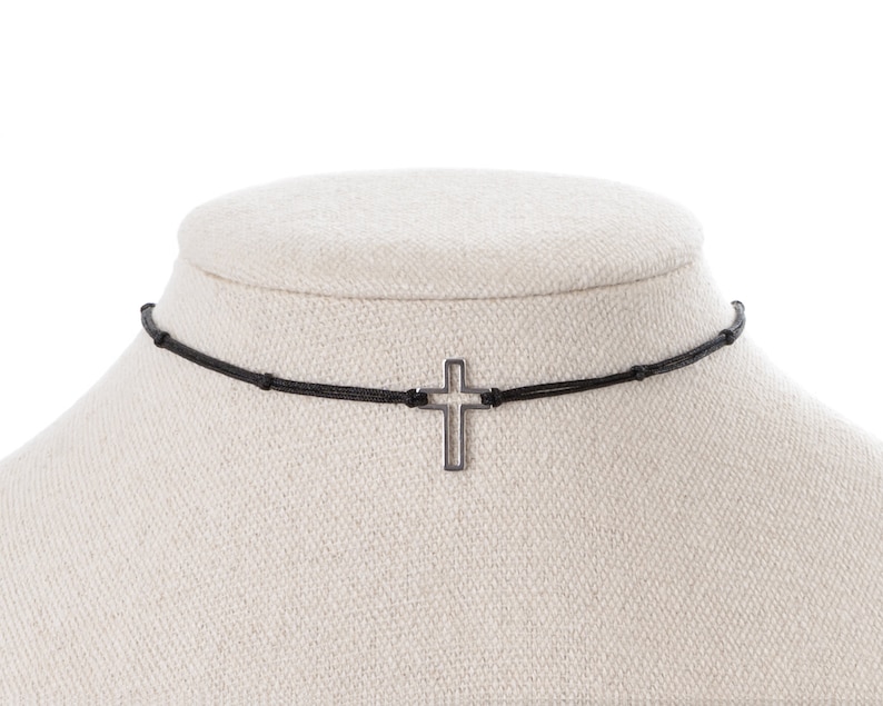 Small Cross Choker Necklace, Hollow Cross on Black Cord, Christian Jewelry, Faith and Fashion Combine, Knotted Choker, Unisex Necklace image 1