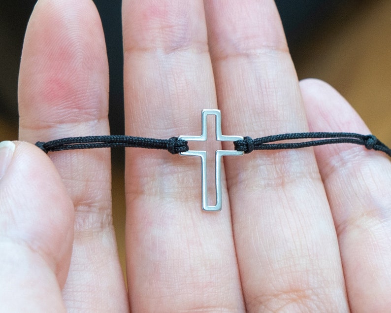 Small Cross Choker Necklace, Hollow Cross on Black Cord, Christian Jewelry, Faith and Fashion Combine, Knotted Choker, Unisex Necklace image 2