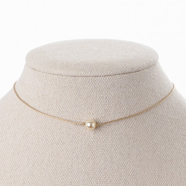 Dainty Pearl Choker Necklace, Beige Cord Choker, Floating Pearl, Ivory Pearl Necklace, Simple and Striking, Adjustable Choker Necklace