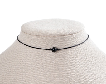 Obsidian Natural Stone Necklace, Black Cord Choker, Everyday Minimalist Style, Single Bead Choker, Third Eye, Balance, Energy