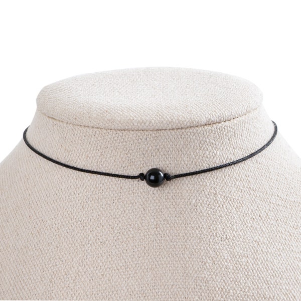 Obsidian Natural Stone Necklace, Black Cord Choker, Everyday Minimalist Style, Single Bead Choker, Third Eye, Balance, Energy