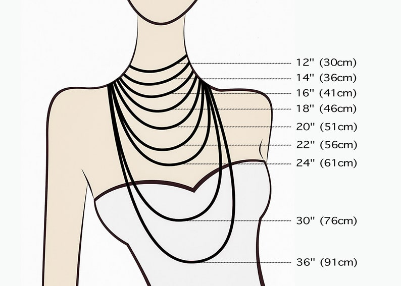 May include: Diagram showing different necklace lengths on a model, with measurements in inches and centimeters. The lengths range from 12 inches (30 cm) to 36 inches (91 cm).