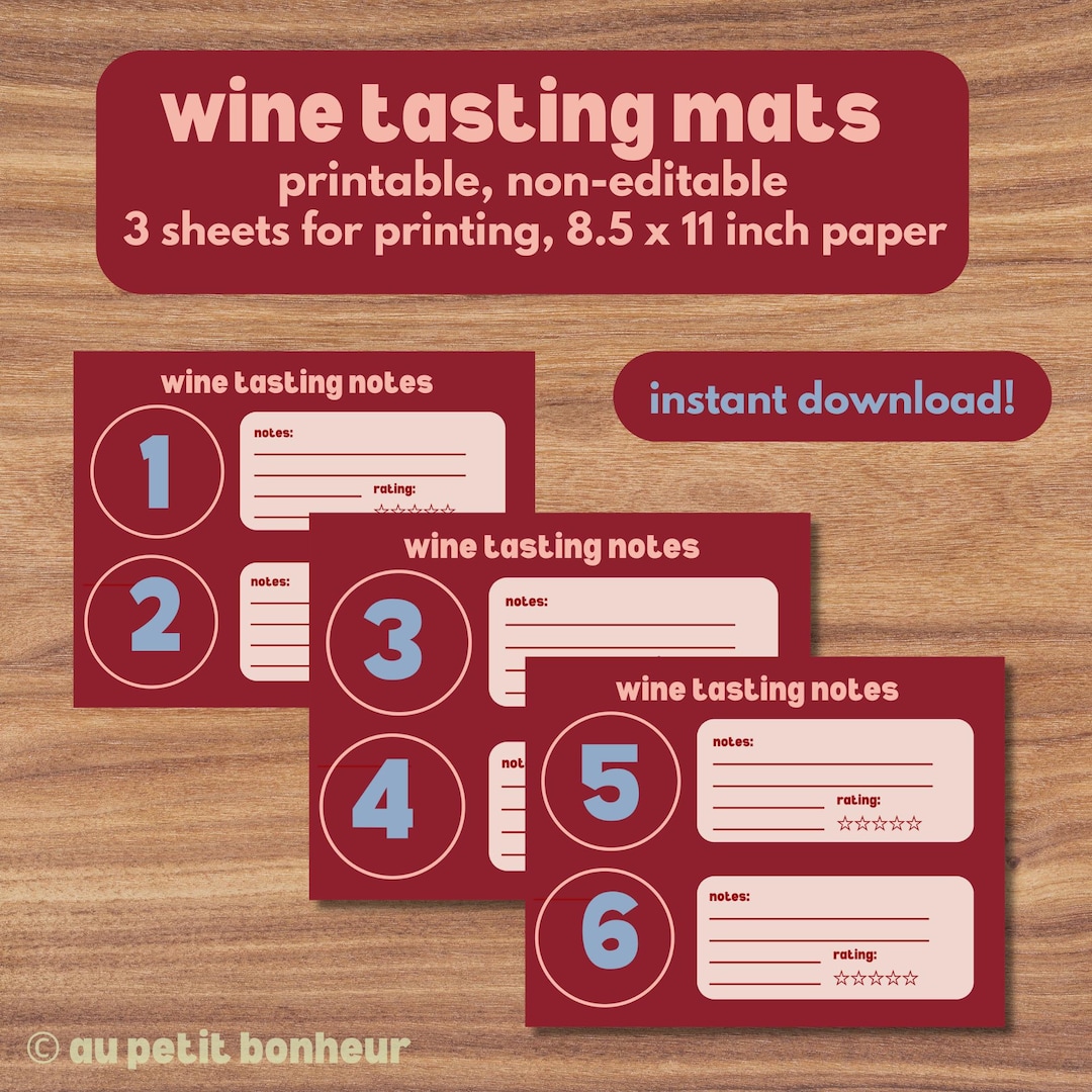 Printable Wine Tasting Mat and Notecards (non-editable) - Score up to 6 ...