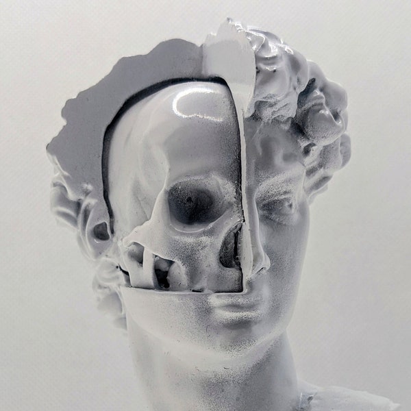 Michelangelo David crâne buste moitié visage humain moitié crâne en résine UV (résine, procédé d'impression 3d) impression d'art