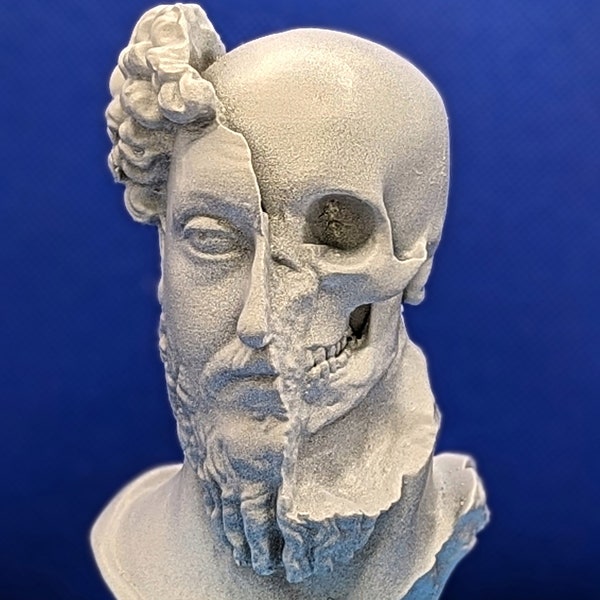 Historische Dekoration morbide Kunst Marcus Aurelius Büste halb Gesicht, halb Totenkopf Gothic Skulptur massiver UV Harz 3D Statue Büste