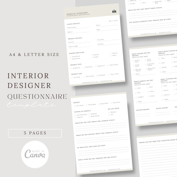 Interior Designer Client Questionnaire Template | Onboarding Questions Canva | Quesions for Client | Interior Design Forms