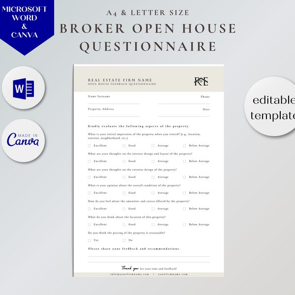 Real Estate Broker Open House Form | Open House Feedback Form | Real Estate Questionnaire Form