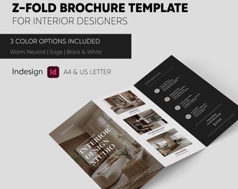 Interior Designer Brochure Template for InDesign, Z Fold Brochure, Studio Marketing Flyer, Modern Minimal Brochure