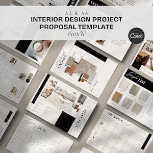 Plantilla de Canva para propuesta de proyecto de diseño de interiores/tablero de inspiración, lista de compras y presentación para diseñadores y arquitectos de interiores.