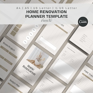 May include: A set of printable home renovation planner templates in A4, A5, US Letter, and half US Letter sizes. The templates include sections for room projects, budget planning, paint tracking, and property information. The templates are designed with a minimalist aesthetic and feature a neutral color palette.