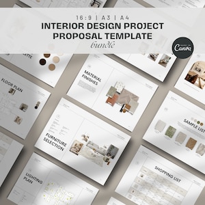 Plantilla de Canva para propuesta de proyecto de diseño de interiores/tablero de inspiración, lista de compras y presentación para diseñadores y arquitectos de interiores.