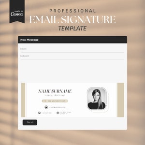 May include: Email signature template with a black and white photo of a woman, the text "NAME SURNAME", "Interior Architect", "www.yourwebsite.com", "email@address.com", "+123 456 7890", and "123 Main Street, London UK".