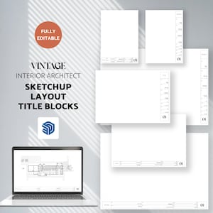 Può includere: Un laptop mostra una planimetria accanto a diversi modelli di blocchi titolo bianchi. Il testo sull'immagine recita "VINTAGE INTERIOR ARCHITECT SKETCHUP LAYOUT TITLE BLOCKS" con un badge "FULLY EDITABLE". I modelli sono per la progettazione architettonica.