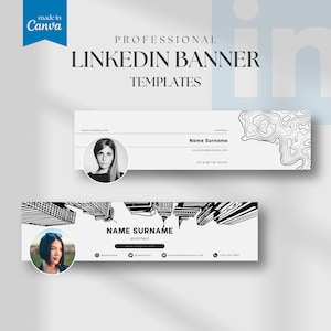 May include: Two LinkedIn banner templates in black and white. The top banner has a topographic design, and the bottom banner features a cityscape. Both include space for a profile photo, name, and contact information. The Canva logo is in the top left.