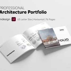 K&ouml;nnte beinhalten: Ein professionelles Architekturportfolio mit dem Titel "Architecture Portfolio" in fetter schwarzer Schrift. Das Portfolio ist ge&ouml;ffnet und zeigt Seiten mit architektonischen Entw&uuml;rfen und dem Wort "contents". Das Cover zeigt ein Foto und das Jahr 2024.