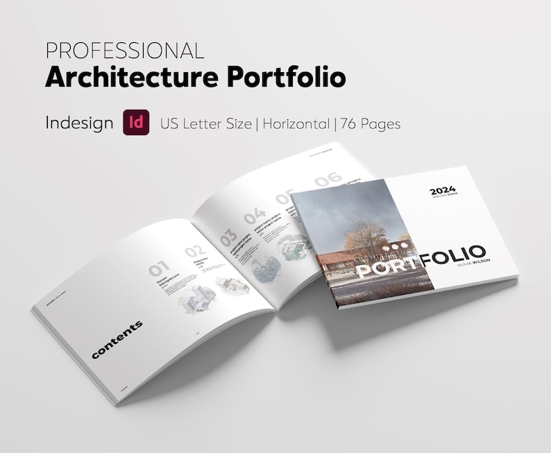 K&ouml;nnte beinhalten: Ein professionelles Architekturportfolio mit dem Titel "Architecture Portfolio" in fetter schwarzer Schrift. Das Portfolio ist ge&ouml;ffnet und zeigt Seiten mit architektonischen Entw&uuml;rfen und dem Wort "contents". Das Cover zeigt ein Foto und das Jahr 2024.